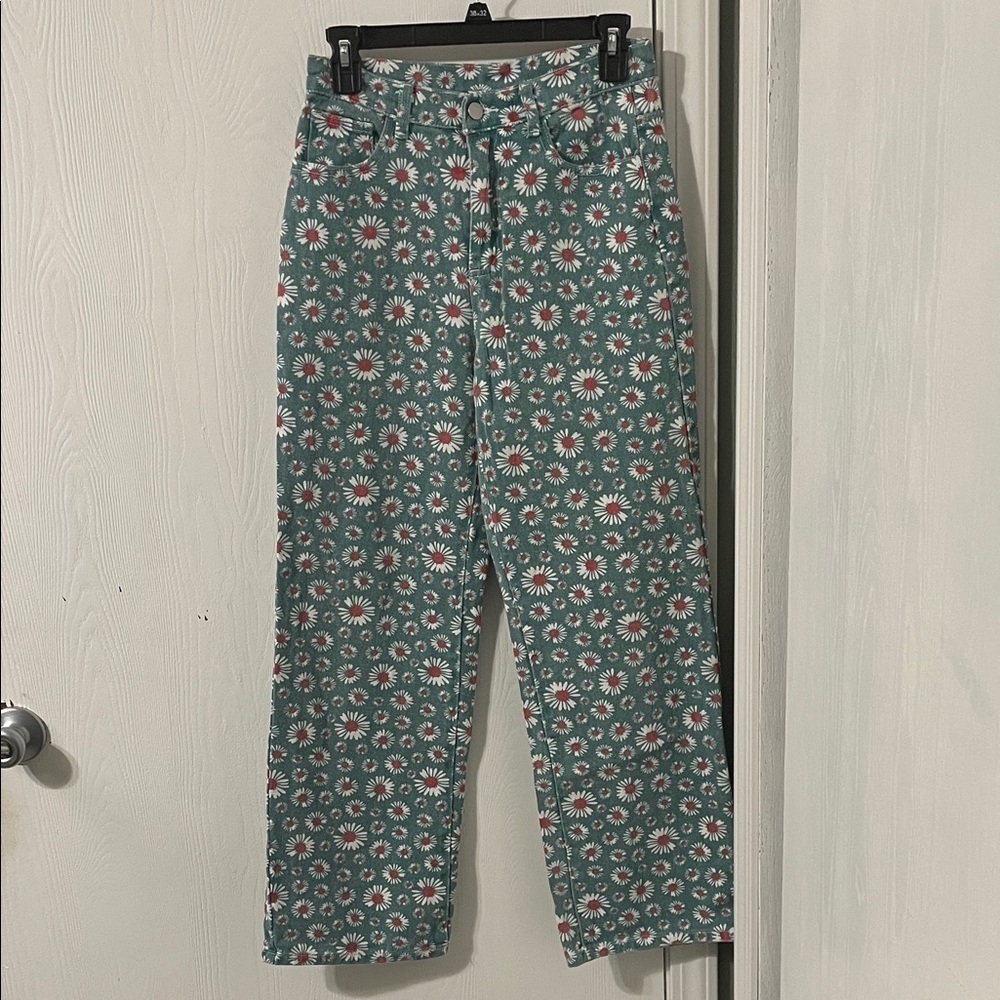 Cider Teal Green Floral Straight Leg Denim Jeans Size Small - Picture 1 of 6